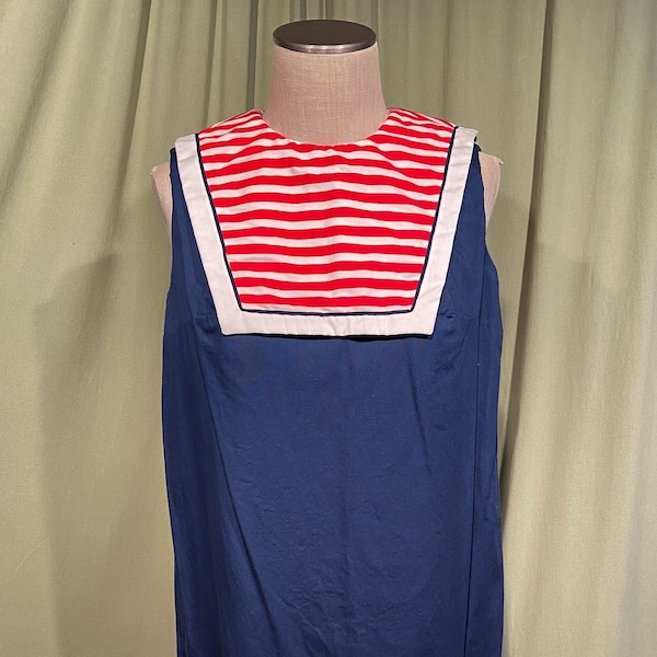 Sweet Original Vintage 60s Toni Lynn Maternity or Shift Dress Blue Cotton Sleeveless w Striped Bib Collar Size 12 Bust 40