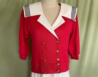 Charming Original Vintage 80s Act I Pleated Skirt Sailor Style Outfit Red Knit Top w White Pleated Skirt Bust 38 Waist 26 to 34