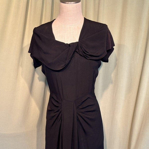 Chic Original Vintage 40s Emile Black Rayon Short Sleeve Dress w Shawl Collar & Draped Skirt Bust 36 Waist 28