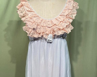 Lovely Original Vintage Aristocraft Baby Blue Nylon Knee Length Sleeveless Full Body Nightgown w Pink Lace Ruffles Tag Size Medium Bust 36