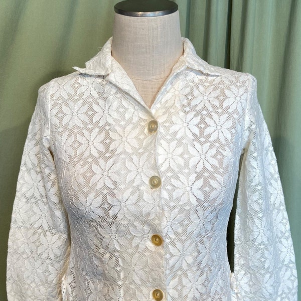 Sweet Vintage 60s 70s Cream Lace Long Sleeve Button Front Tunic Style Blouse No Label Bust 30"