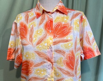 Cute Original Vintage 70s Ship 'n Shore Short Sleeve Orange Floral Button Front Blouse Tag Size 12 Bust 42