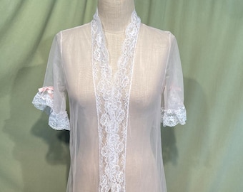 Lovely Original Vintage Mid Century Sheer Pale Pink Nylon Peignoir Robe Tag Size Medium Bust 34&quot; +