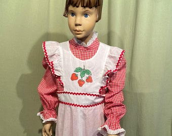 Sweet Original Vintage Early 70s Child's Long Sleeve Red Gingham Check Maxi Prairie Dress w Strawberry Pinafore Apron Bust 28