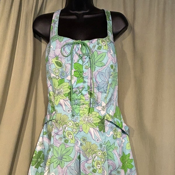 Sweet Original Vintage Mid Century GaBar Green & Blue Floral Cotton Playsuit Romper Smocked w Laced Front Size 40 Bust 40 Waist 30