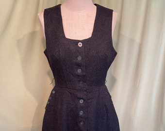 Sweet Original Vintage 40s 50s Charcoal Black Wool Button Front Sleeveless Jumper Dress Bust 34 Waist 26