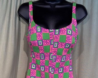 Cute Original Vintage 60s Flower Power Neon Green, Hot Pink & Purple One Piece Nylon Swimsuit Bust 32-34