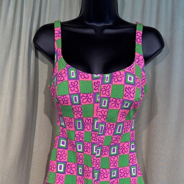 Cute Original Vintage 60s Flower Power Neon Green, Hot Pink & Purple One Piece Nylon Swimsuit Bust 32-34