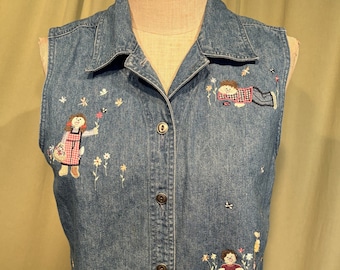 Fun Original Vintage Christopher & Banks Denim Sleeveless Vest Appliqued and Embroidered Garden Theme Tag Size Small Bust 38
