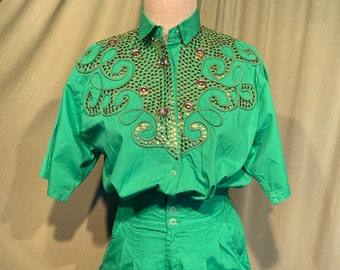 Funky Original Vintage 80s Cache&#39; 2 Pc Bright Green Flat Gold Studs & Large Jewels Tag Size S/M Bust 44&quot; Waist 24&quot; to 30&quot;