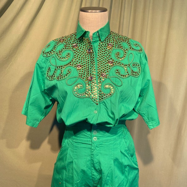 Funky Original Vintage 80s Cache' 2 Pc Bright Green Flat Gold Studs & Large Jewels Tag Size S/M Bust 44" Waist 24" to 30"