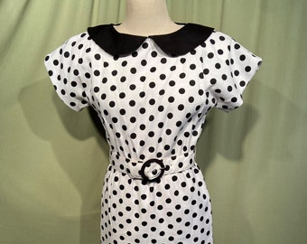 Sweet Original vintage années 80 Sabino Blanc & Noir Polka Dot Poly Blend Lin Manches Courtes Ceinture Robe Buste 38 Taille 28 à 36