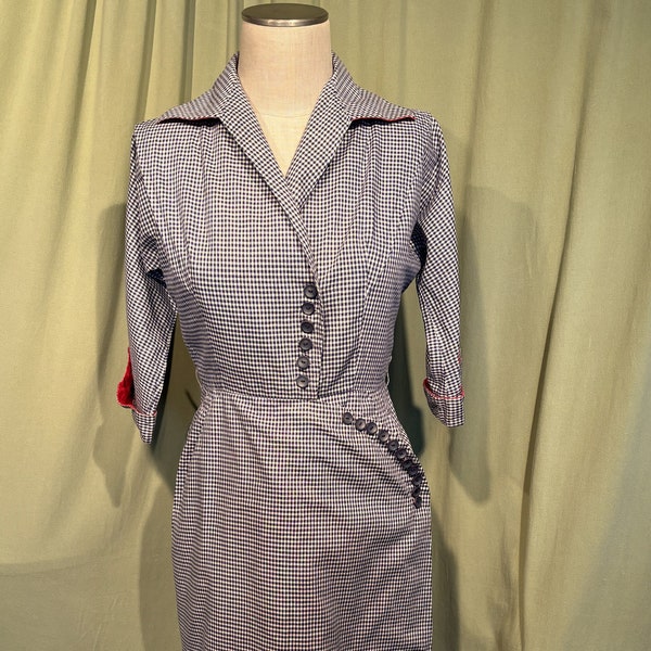 Lovely Original Vintage 40s R and K Originals Blue Cotton Gingham Fit & Flare Dress w 3/4 Sleeves Unusual Button Front Bust 36 Waist 28