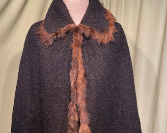 Lovely Original Antique Circa 1900 Nubby Wool Cape w Long Fur Trim Needs Minor Repair