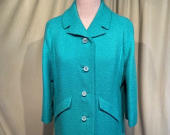 Sweet Original Vintage 60s Frank Gallant Teal Green Nubby Wool Knee Length Coat w Acrylic Ball Buttons Bust 38