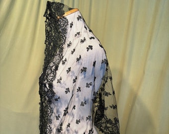 Large Charming Original Vintage Mid Century Black Nylon Lace Scarf Shawl Stole Wrap 56" by 24"