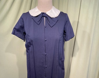 Sweet Original Vintage 60s Toni Lynn Maternity or Shift Dress Blue Cotton Short Sleeve w White Collar Size 12 Bust 38