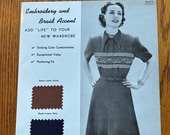 Original Vintage 1951 C & D Company Fashion Flyer Page Embroidered Dress w Fabric Swatches 11" by 8-1/2" Great For Framing!