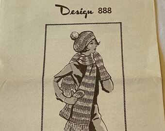 Original Vintage Design Pattern 888 Sombrero de boina de punto, bufanda y mitones