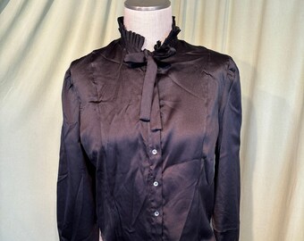 Original Vintage 70s K-Bar Victorian Inspired Black Satin Long Sleeve Button Front Black Blouse w Ruffle Neck & Ties Bust 38