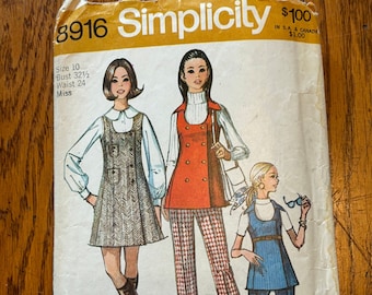 Original Vintage 1970 Simplicity Mini Dress Jumper or Tunic and Pants Pattern 8916 Size 10 Bust 32.5 Cut, Complete w Instructions