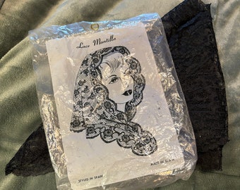 Sweet Original Vintage Mid-Century Black Lace Mantilla Head Scarf Covering in Original Package