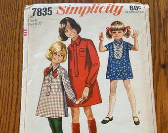 Original Vintage 1968 Simplicity Girl's Shirt Dress Shift Dress Pattern # 7835 Size 8 Bust 27 Cut, Complete w Instructions