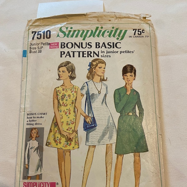 Original Vintage 1967 Simplicity Jiffy Shift Dress Pattern # 7510 Size 9JP Junior Petite Bust 32" Cut and Complete w Instructions