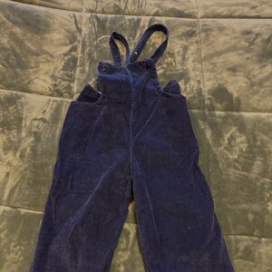 May include: A pair of dark blue corduroy overalls with adjustable straps and a button closure. The overalls have a relaxed fit and cuffed legs.