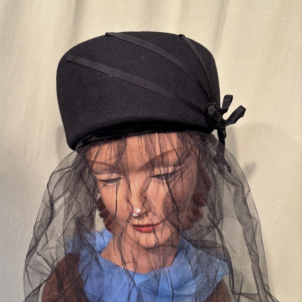 Chic Original Vintage Mid-Century Henry Pollak Ladies' Black Tall Felt Pillbox Hat w Added Veil 21" Inside