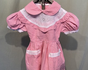Sweet Original Vintage Mid Century Little Girl's Pink Gingham Check Cotton Short Sleeve Dress Chest 20 Shoulders 9
