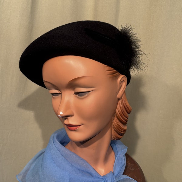 Sweet Original Mid-Century Ladies' Vintage Lancaster Black Wool Felt Hat Asymmetrical Newsboy w Feather Trim 22" Approx. Size 7 Medium