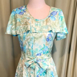 Sweet Original Vintage 70s Home Sewn Cape Collar Green and Blue  Floral Maxi Dress Bust 35