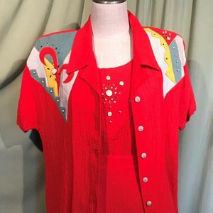 Funky Original Vintage 80s Nancy Bolen City Girl 3 Pc Red Embellished Crinkle Skirt Suit Size M Bust 42 image 1