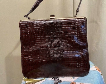 Charming Original Vintage Mid Century Brown Faux Leather Square Handbag Purse w Snakeskin Look