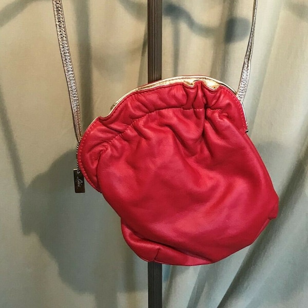 Funky Original Vintage 70s 80s Letisse Brand Red & Gold Leather Shoulder Bag Purse w Ruffled Top Converts to a Clutch Bag