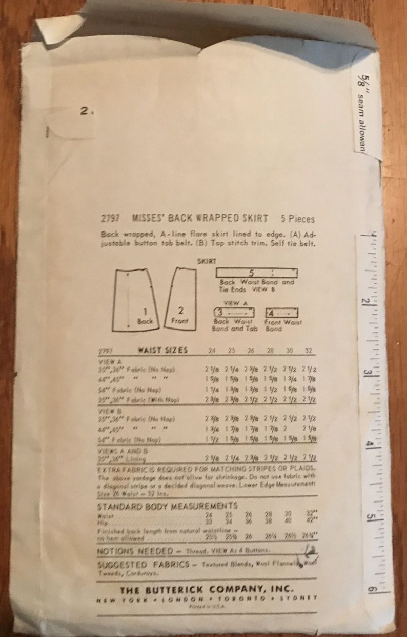 Vintage 1960s Back Wrap A Line Skirt Butterick Pattern 2797 - Etsy