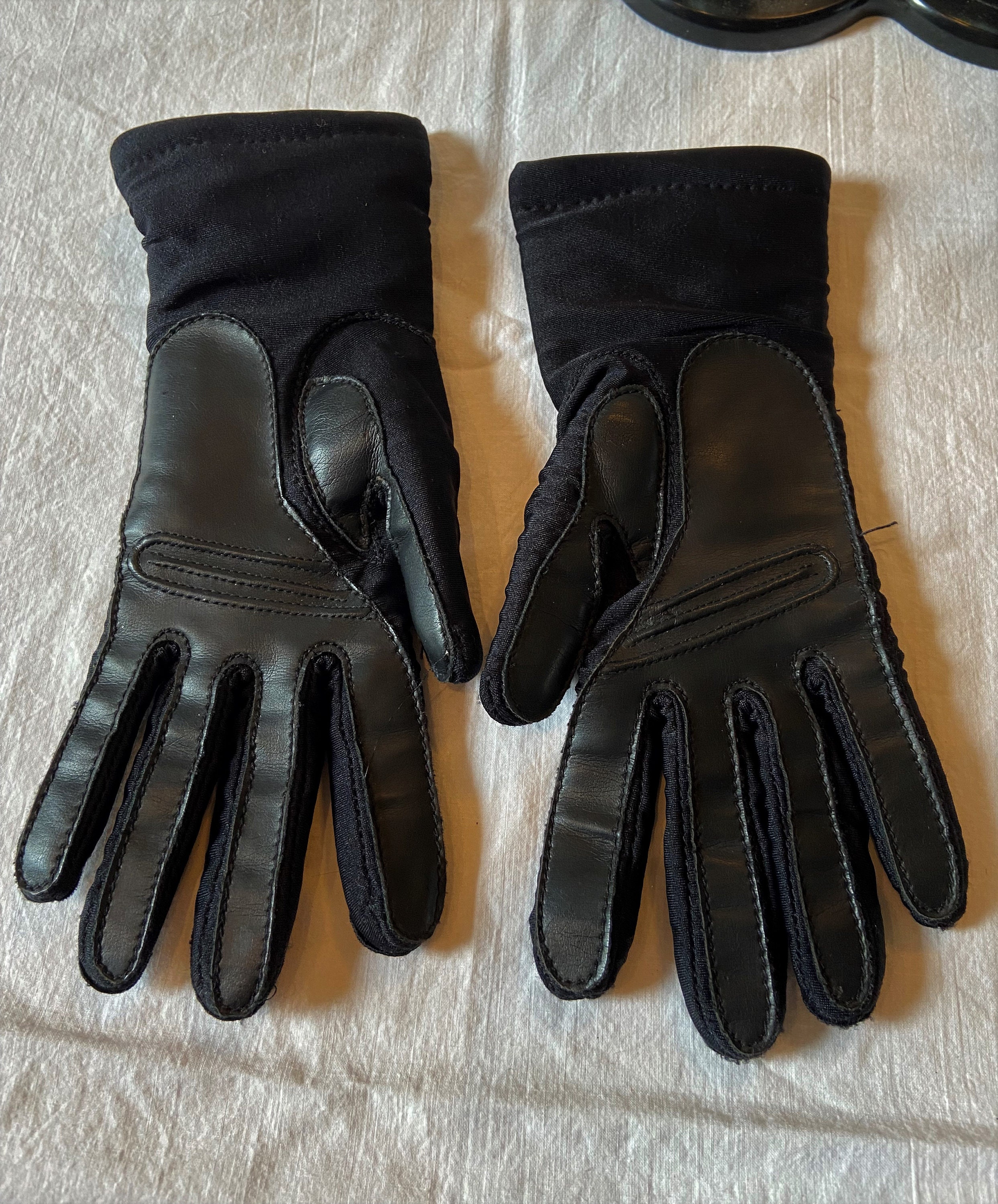 Sweet Original Vintage Lined Black Stretch Nylon Gloves W Faux Leather Trim  & Palms One Size - Etsy