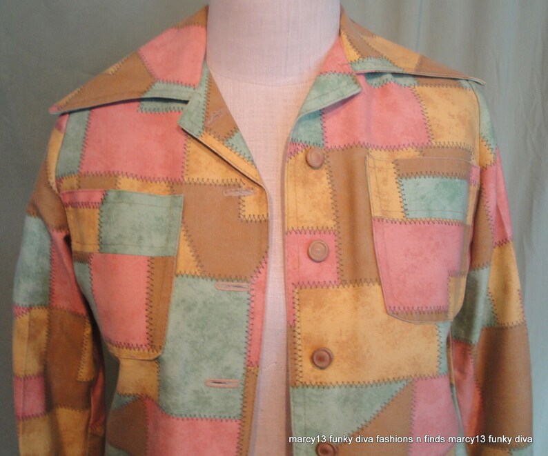 Fun Original Vintage 70s Patchwork Print Cotton Safari Jacket /& Wrap Skirt Suit Bust 34 Waist 24 Teeny Spots
