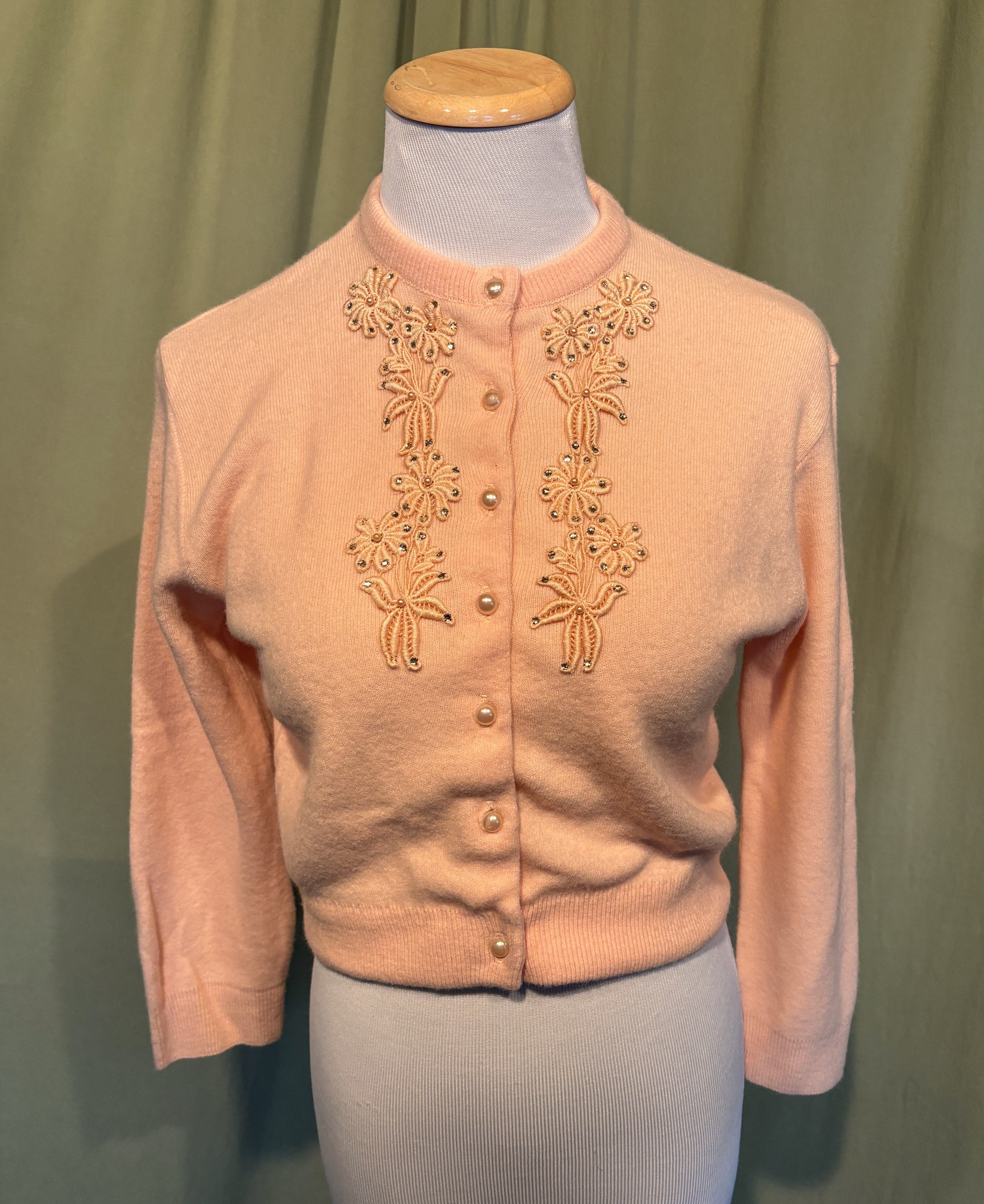 Sweet Original Vintage 50s Beaded Peach Acrylic Cardigan Sweet Original Vintage 50s Beaded Peach Acrylic Cardigan