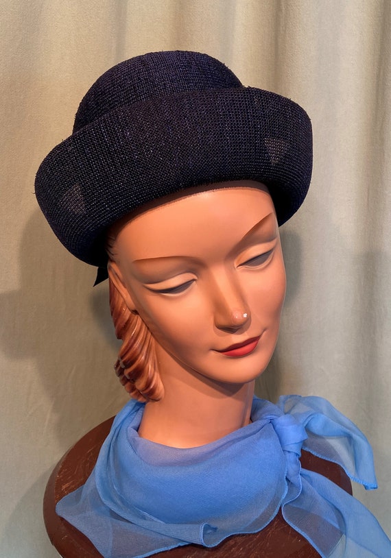 Original Vintage 50s 60s Navy Blue Mesh Bowl Hat … - image 1
