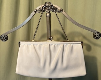 Chic Original Vintage Mid Century Off-White Faux Leather Clutch Purse w Optional Chain Handle