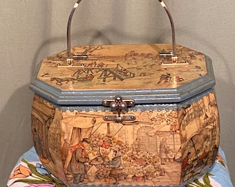 Fun Original Vintage 50s Hand Crafted Decoupage Wood Box Handbag Purse Needs Minor TLC