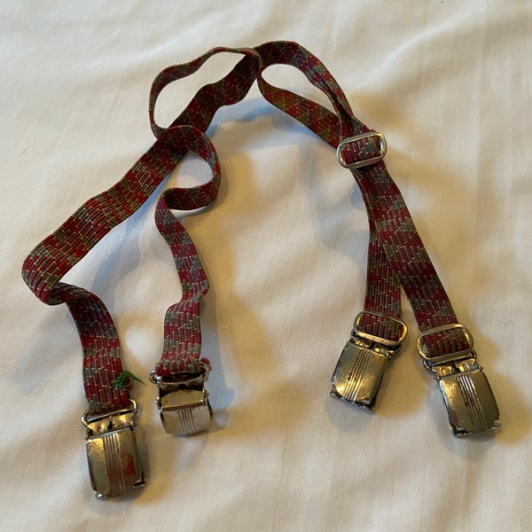 Original Vintage Children's Mid Century Red & Gray Elastic Suspenders with Metal Clips Measure 16" to 22" Long