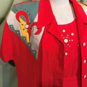 Funky Original Vintage 80s Nancy Bolen City Girl 3 Pc Red Embellished Crinkle Skirt Suit Size M Bust 42 image 2