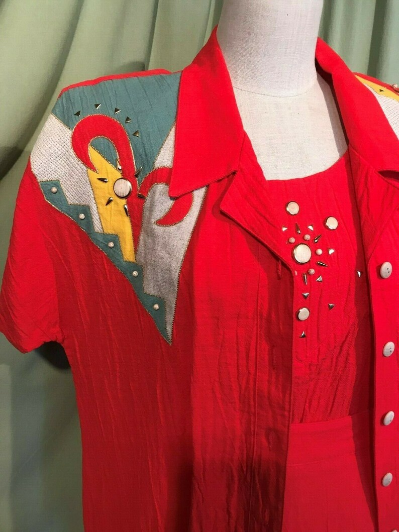 Funky Original Vintage 80s Nancy Bolen City Girl 3 Pc Red Embellished Crinkle Skirt Suit Size M Bust 42 image 2