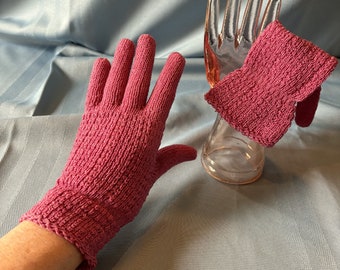 Sweet Original Vintage Mid Century Short Wrist Length Rose Pink Cotton Knit Gloves w repair Approx. Size 5-1/2 to 6