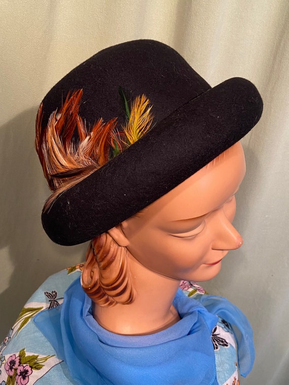 Original Vintage Mid Century Black Felt Bowler De… - image 1