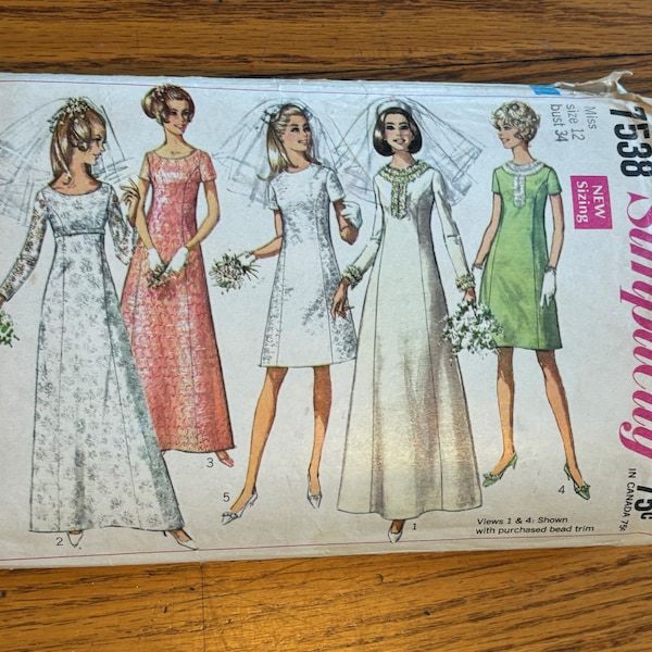 Original Vintage 1968 Simplicity Mod wedding or Bridesmaid Dress Pattern 7538 Size 12 Bust 34 Waist 25-1/2 Cut & Complete w Instructions