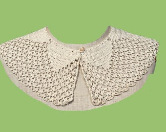 Lovely Original Vintage Mid-Century Hand Crocheted Beige Cotton Collar 19.5" Neckline